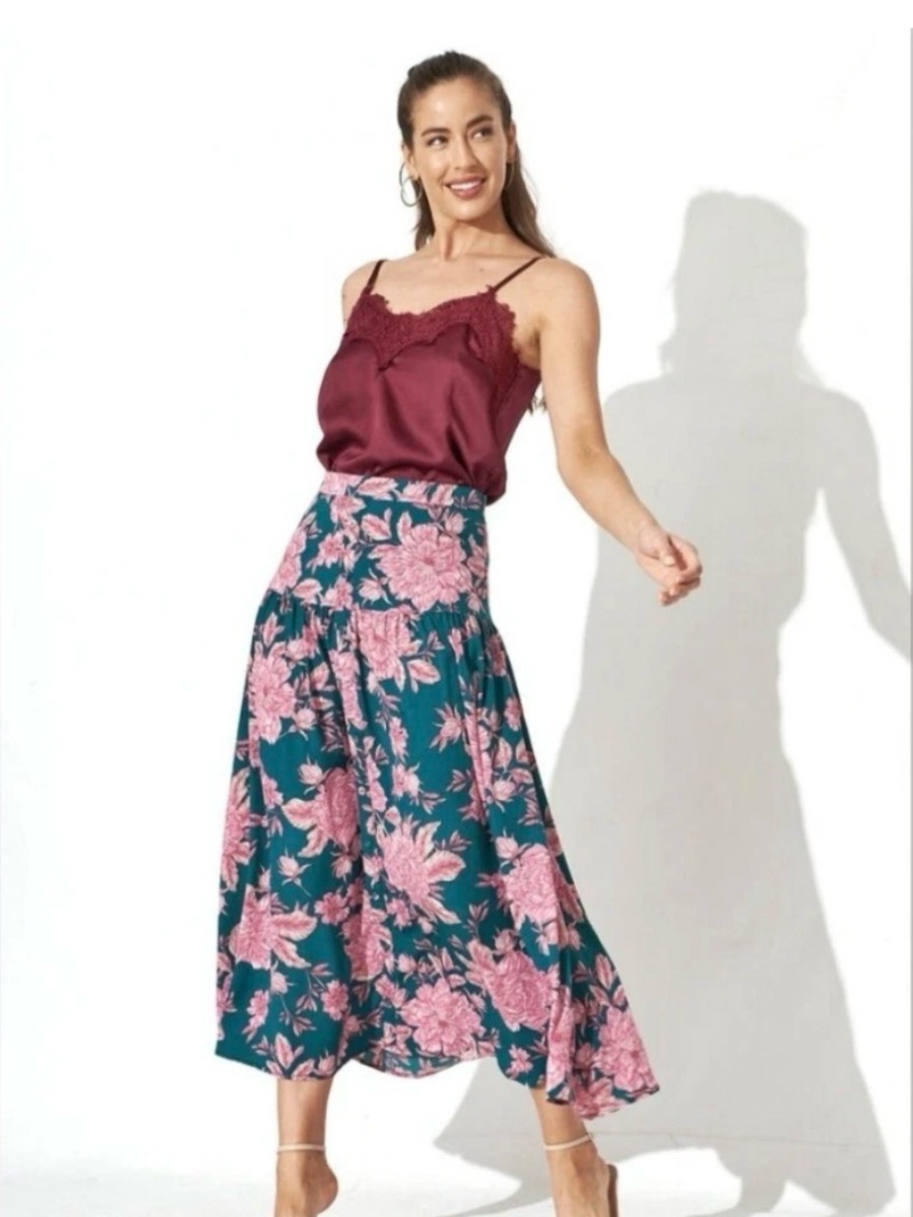 Abel The Label Anthropologie Bonnie Womens S Teal Pink Floral Convertible Skirt